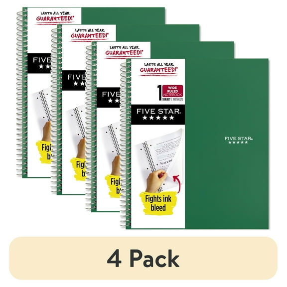 (4 pack) Five Star 1 Subject Wide Ruled Notebook Plus Study App, 8" x 10.5", Forest Green, Poly, Spiral, 100 Sheets