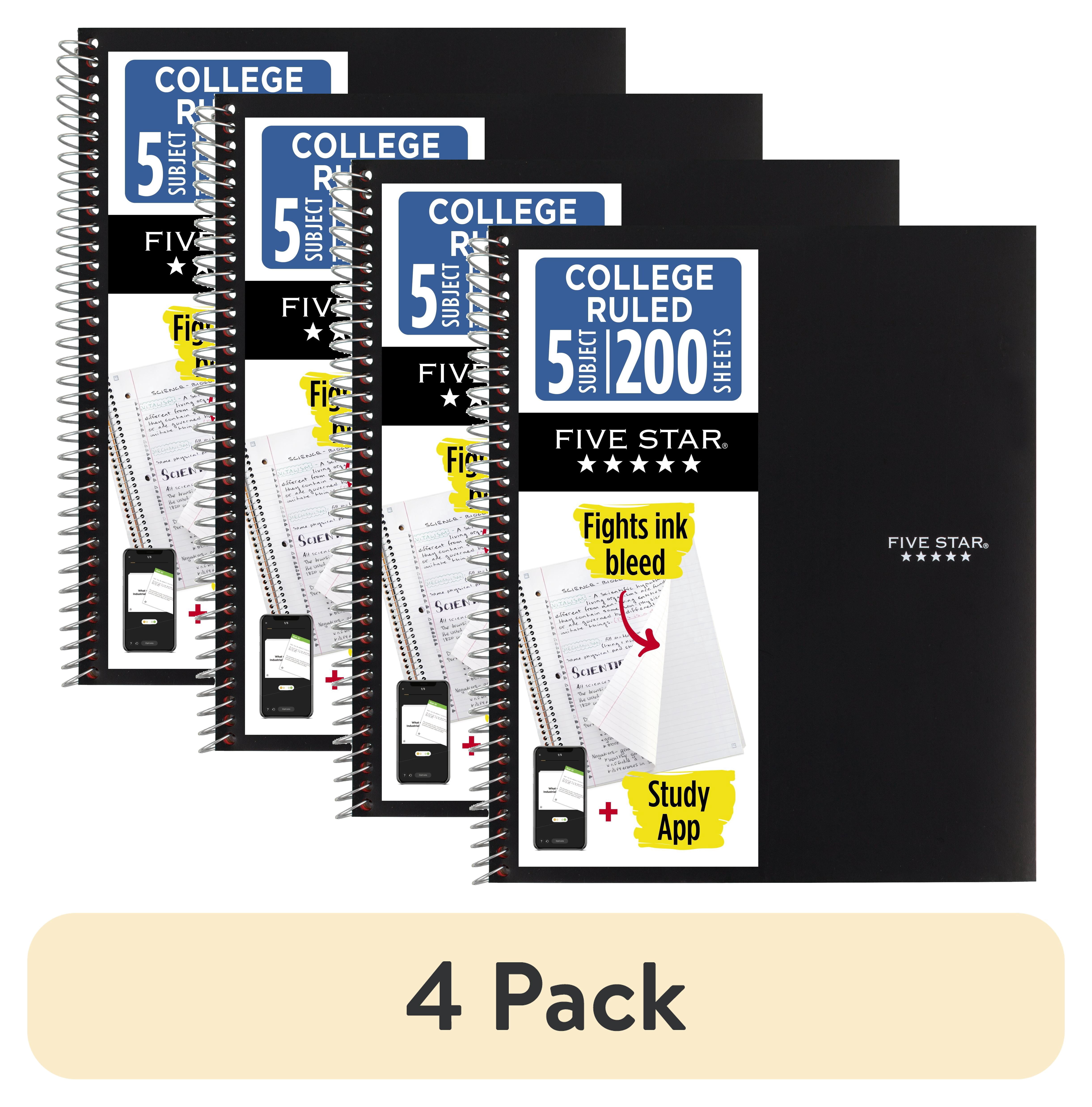(4 pack) Five Star Spiral Notebook + Study App, 5 Subject, College Ruled, 8.5" x 11", Black