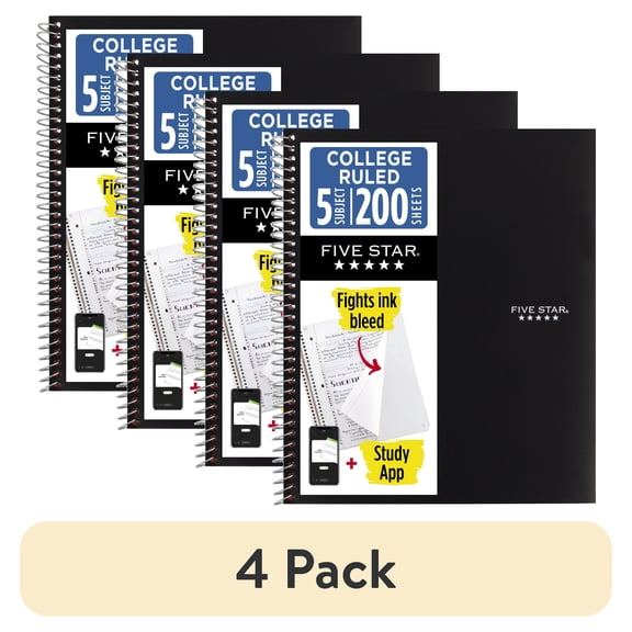 (4 pack) Five Star Spiral Notebook + Study App, 5 Subject, College Ruled, 8.5" x 11", Black