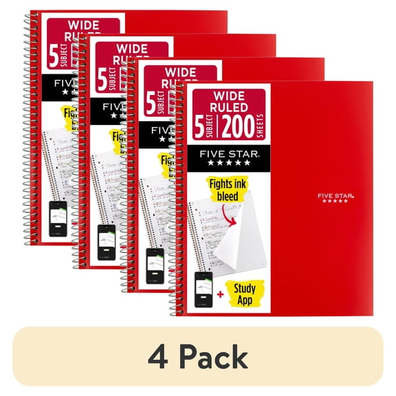 (4 pack) Five Star Spiral Notebook + Study App, 5 Subject, Wide Ruled, 8" x 10.5", Fire Red