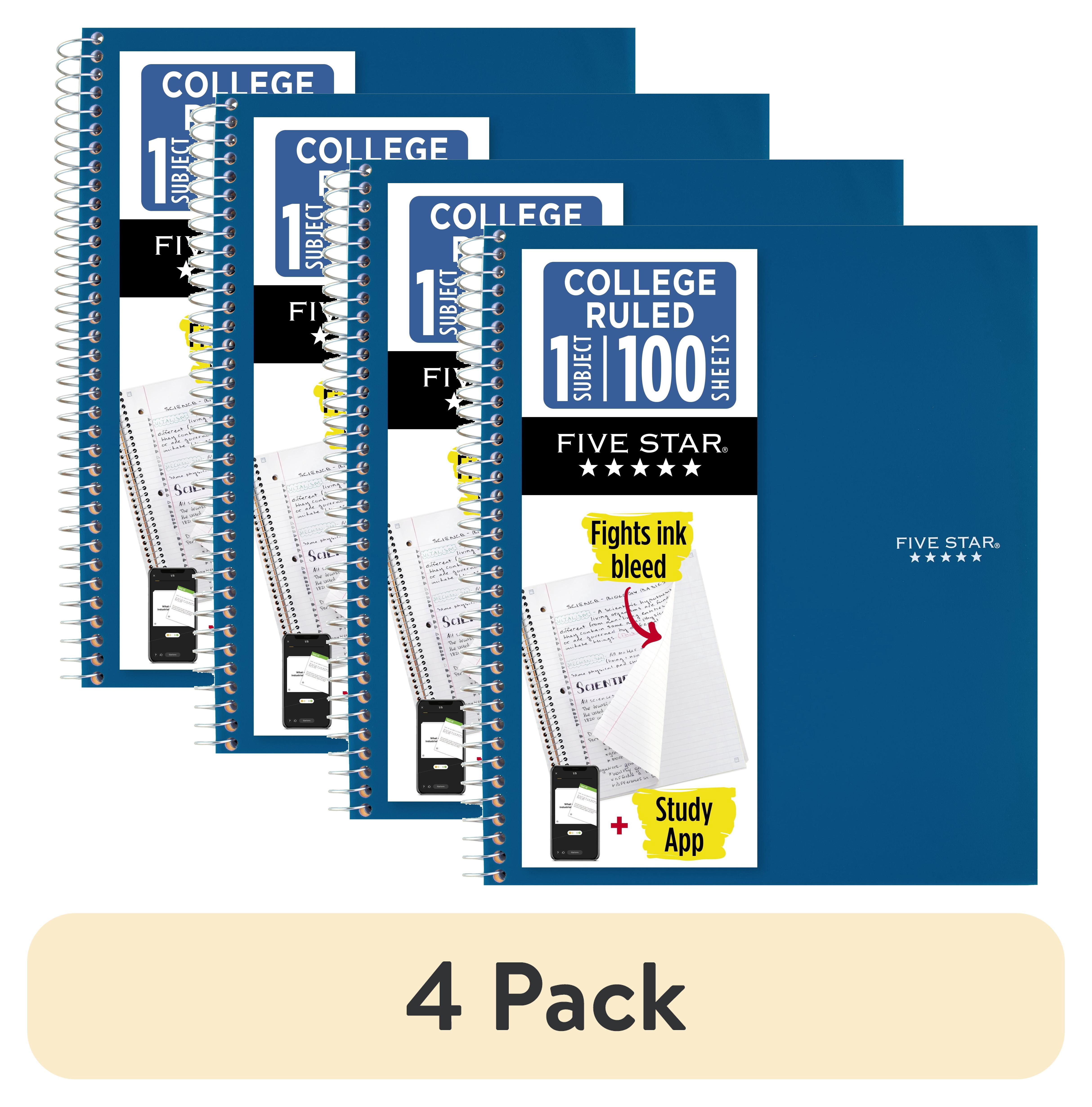 (4 pack) Five Star 1 Subject College Ruled Notebook Plus Study App, 8.5" x 11", Pacific Blue, Poly, Spiral, 100 Sheets