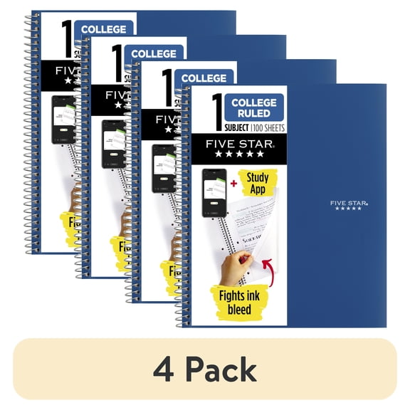 (4 pack) Five Star 1 Subject College Ruled Notebook Plus Study App, 8.5" x 11", Pacific Blue, Poly, Spiral, 100 Sheets