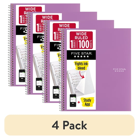 (4 pack) Five Star Spiral Notebook + Study App, 1 Subject, Wide Ruled, 8" x 10.5", Amethyst