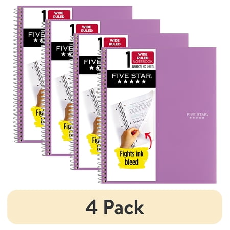 (4 pack) Five Star Spiral Notebook + Study App, 1 Subject, Wide Ruled, 8" x 10.5", Amethyst