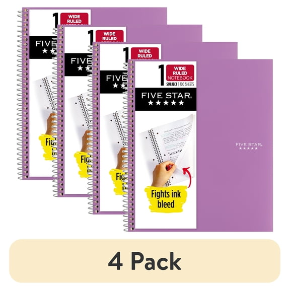 (4 pack) Five Star Spiral Notebook + Study App, 1 Subject, Wide Ruled, 8" x 10.5", Amethyst