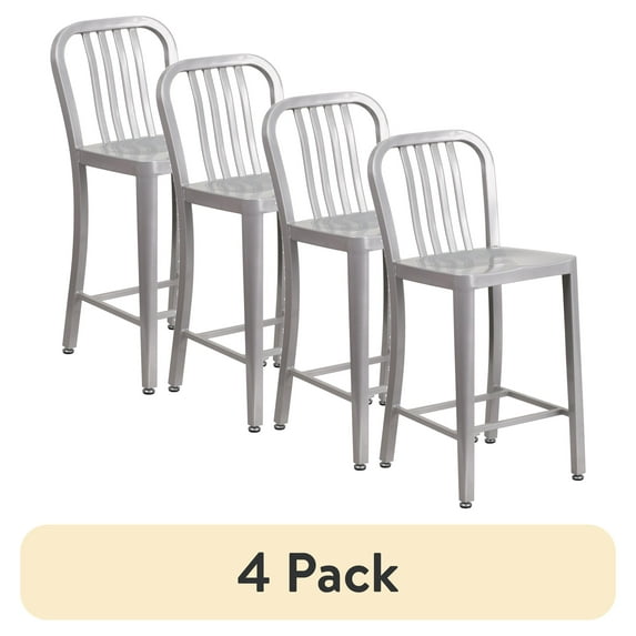 (4 pack) Flash Furniture 24" Commercial Grade Metal Modern Counter Height Stool with Footrest, Silver