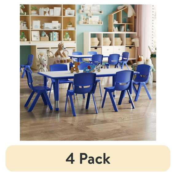 (4 pack) Flash Furniture Emmy Adjustable Classroom Activity Table for Kids with 6 Chairs, Blue/Gray