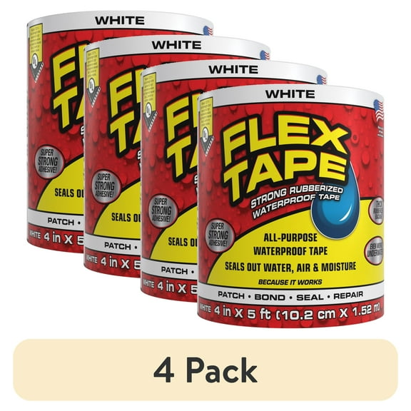 (4 pack) Flex Tape Strong Rubberized Waterproof Tape, 4 inches x 5 feet, White