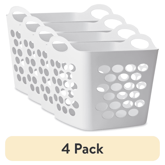 (4 pack) Flexible Square Laundry Hamper with Handles, White Plastic