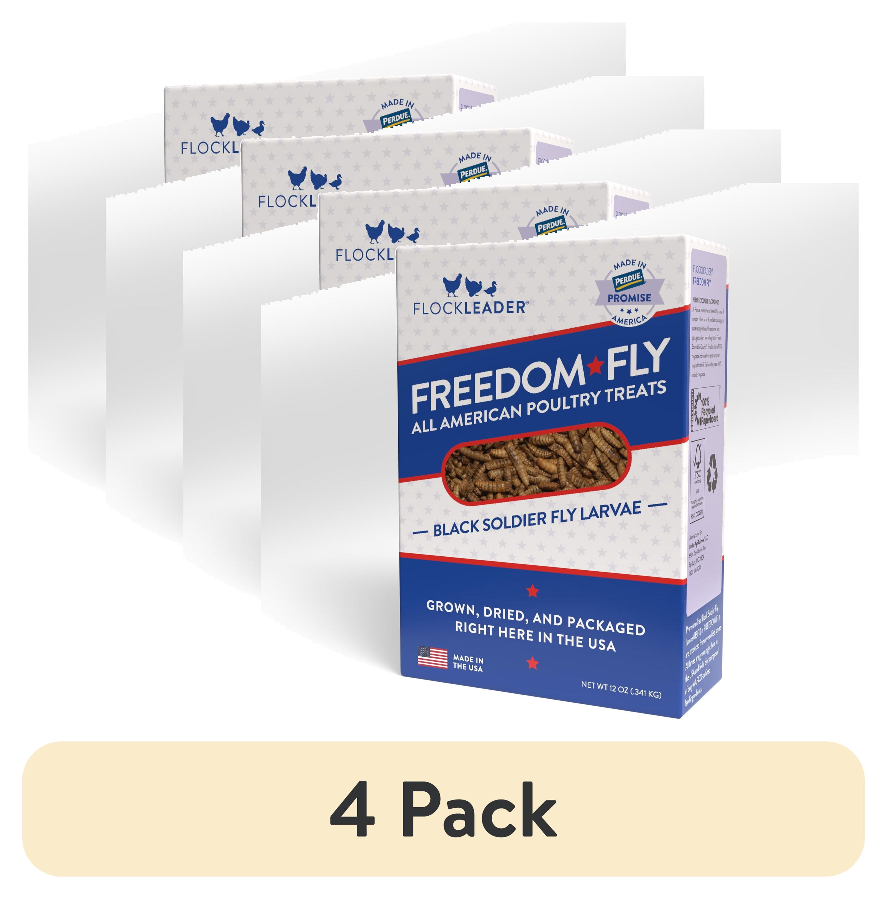 (4 pack) FlockLeader Freedom Fly, All American Dried Black Soldier Fly Larvae Poultry Treats, 12 Ounces