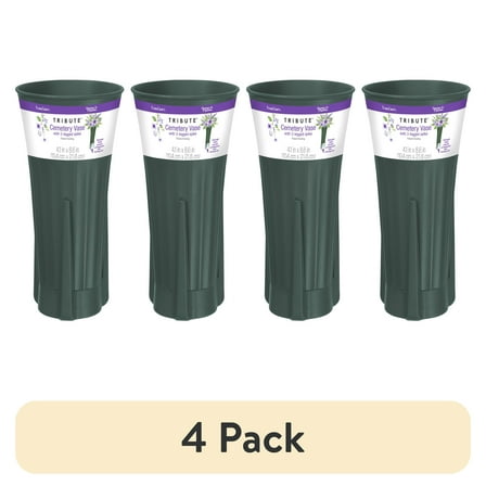 (4 pack) FloraCraft Tribute Plastic Cemetery Vase with Removable 3-Legged Spike 4.1 inch x 8.6 inch Green