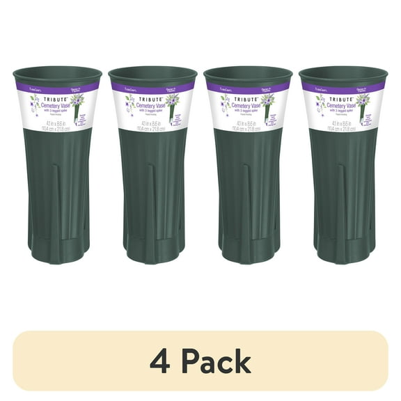 (4 pack) FloraCraft Tribute Plastic Cemetery Vase with Removable 3-Legged Spike 4.1 inch x 8.6 inch Green
