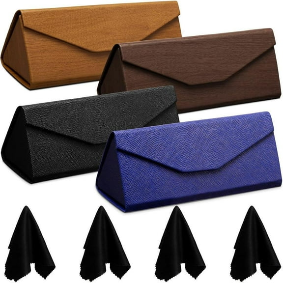 4 pack Foldable Glasses Sunglasses Case Pu Hard Shell Eyeglasses Leather Case 4 Cleaning Cloths
