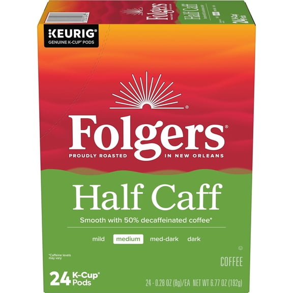 (4 pack) Folgers Half Caff Medium Roast Coffee, Keurig K Cup Pods, 24 Count Box