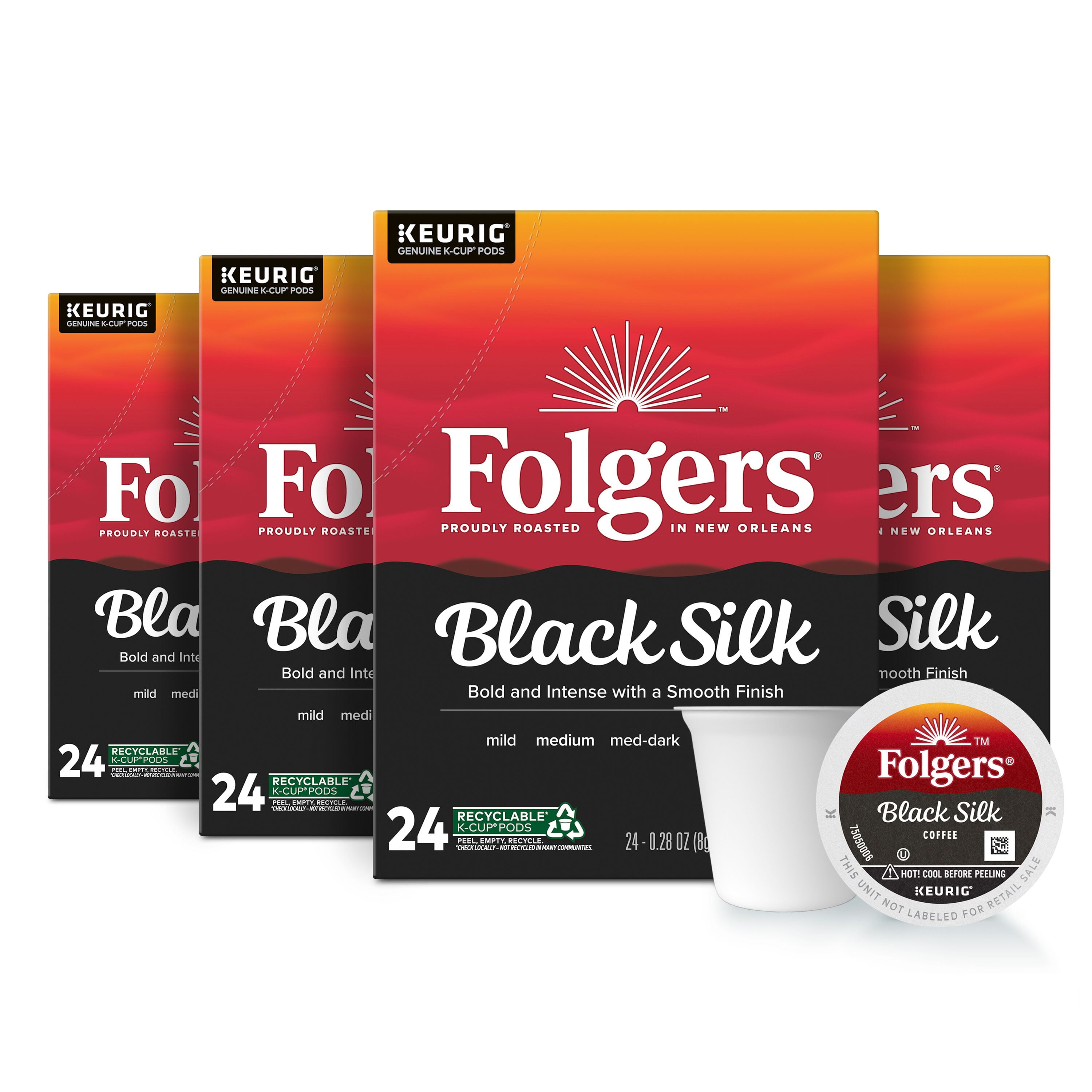 (4 pack) (4 pack) (Folgers Black Silk, Dark Roast Coffee, Keurig K Cup Pods, 24 Count Box