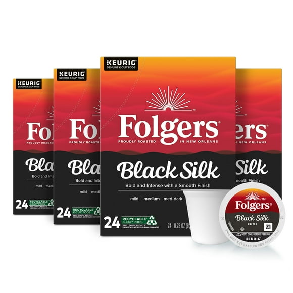 (4 pack) Folgers Black Silk, Dark Roast Coffee, Keurig K Cup Pods, 24 Count Box