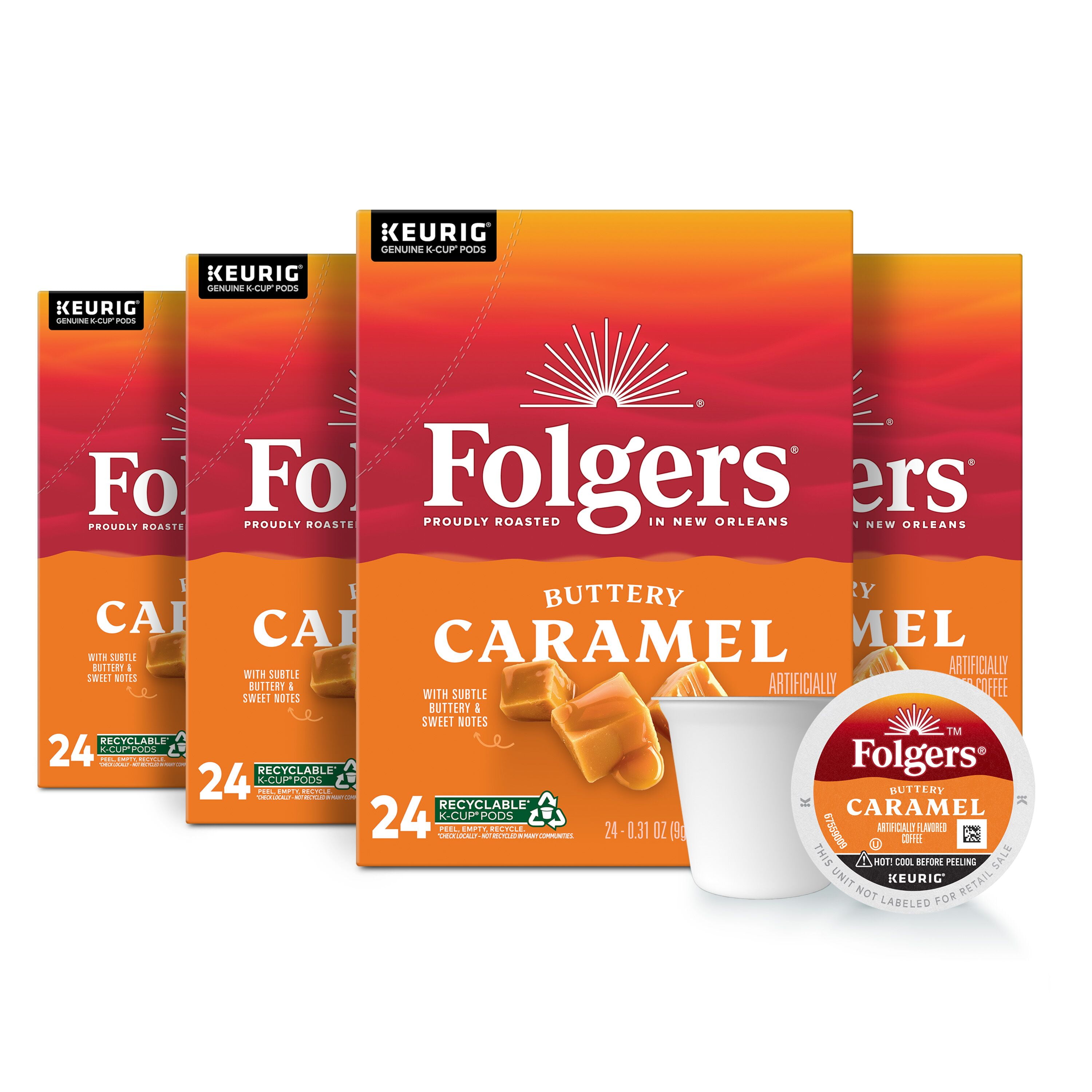 (4 pack) Folgers Buttery Caramel Artificially Flavored Coffee, Keurig K Cup Pods, 24 Count Box