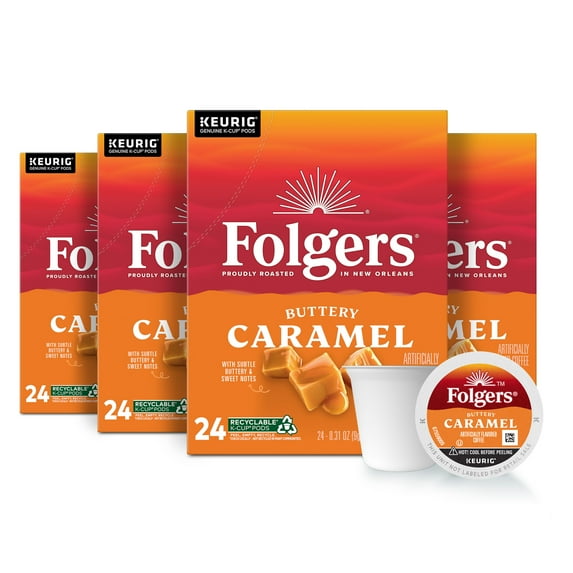 (4 pack) Folgers Buttery Caramel Artificially Flavored Coffee, Keurig K Cup Pods, 24 Count Box