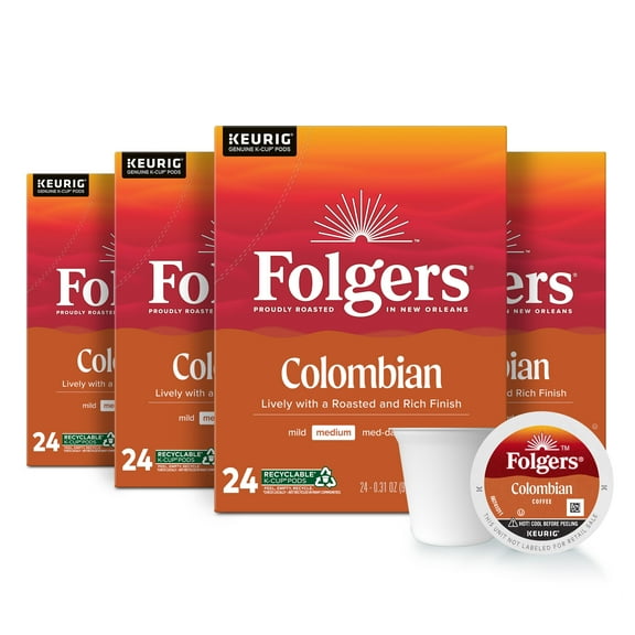 (4 pack) Folgers Colombian Coffee, Medium Roast, Keurig K Cup Brewers, 24 Count Box