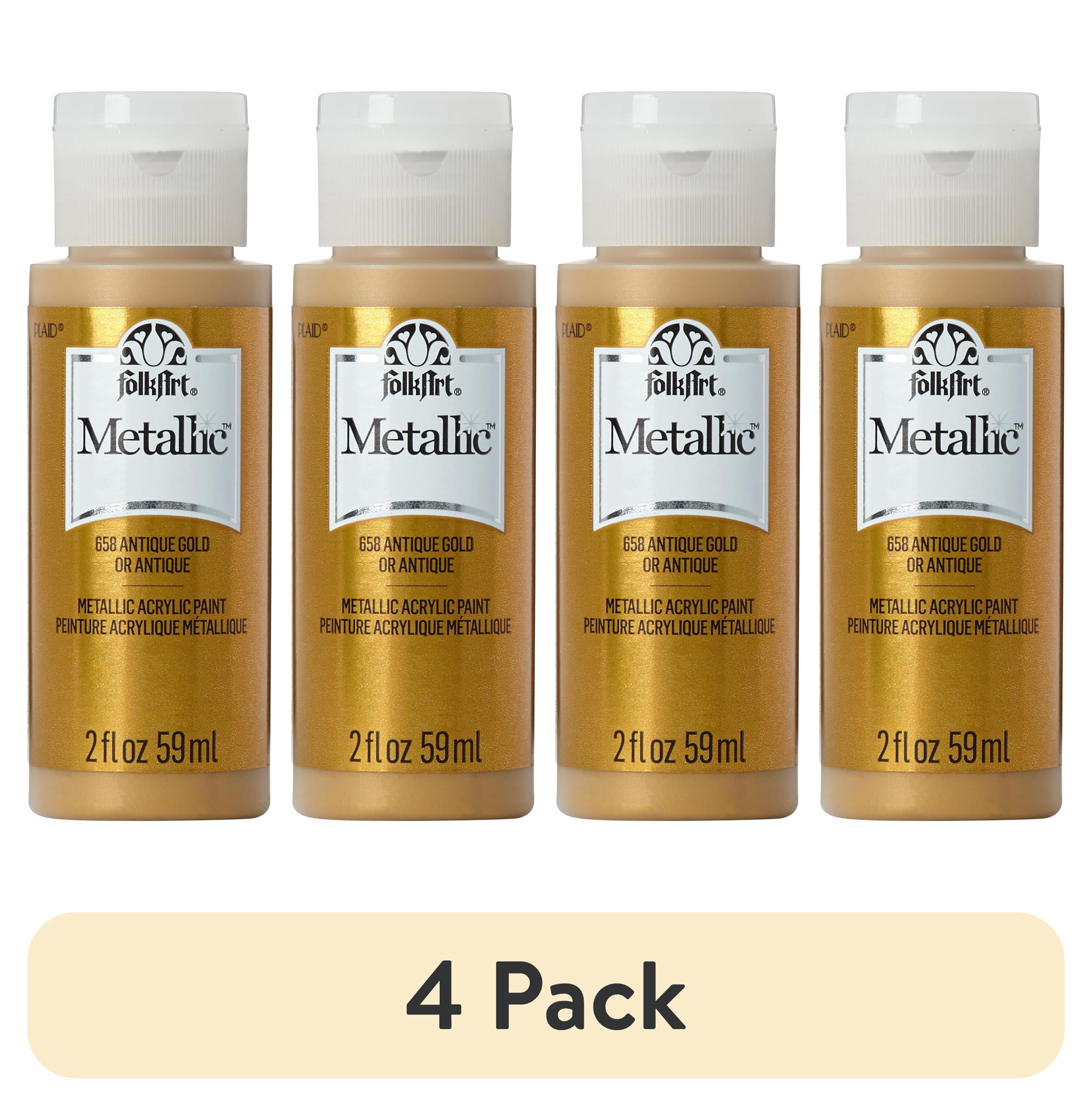 (4 pack) FolkArt Metallic Acrylic Craft Paint, Metallic Finish, Antique Gold, 2 fl oz