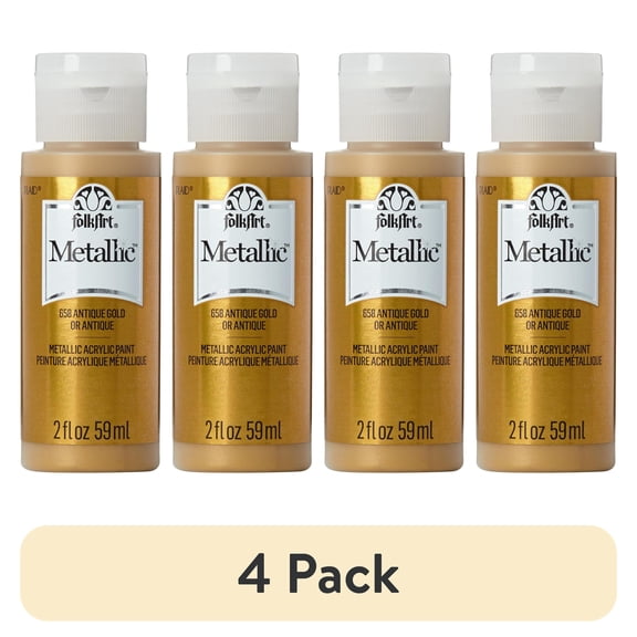 (4 pack) FolkArt Metallic Acrylic Craft Paint, Metallic Finish, Antique Gold, 2 fl oz