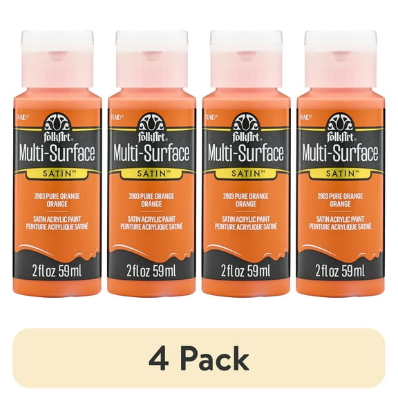 (4 pack) FolkArt Multi-Surface Acrylic Craft Paint, Satin Finish, Pure Orange, 2 fl oz