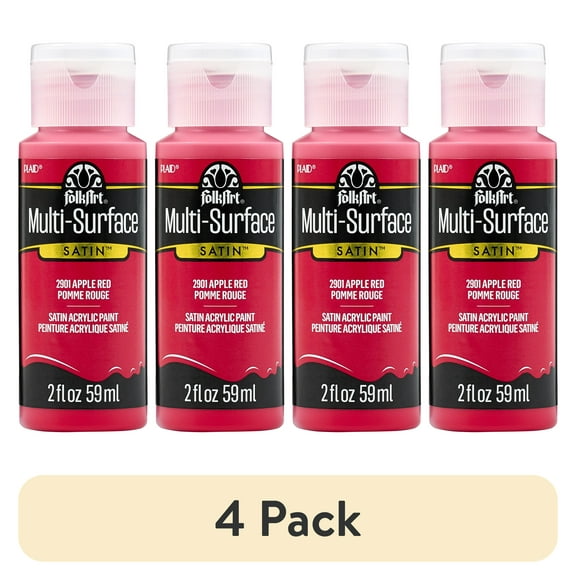(4 pack) FolkArt Multi-Surface Acrylic Craft Paint, Satin Finish, Apple Red, 2 fl oz