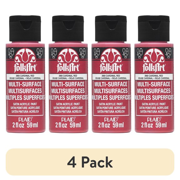(4 pack) FolkArt Multi-Surface Acrylic Craft Paint, Satin Finish, Cardinal Red, 2 fl oz
