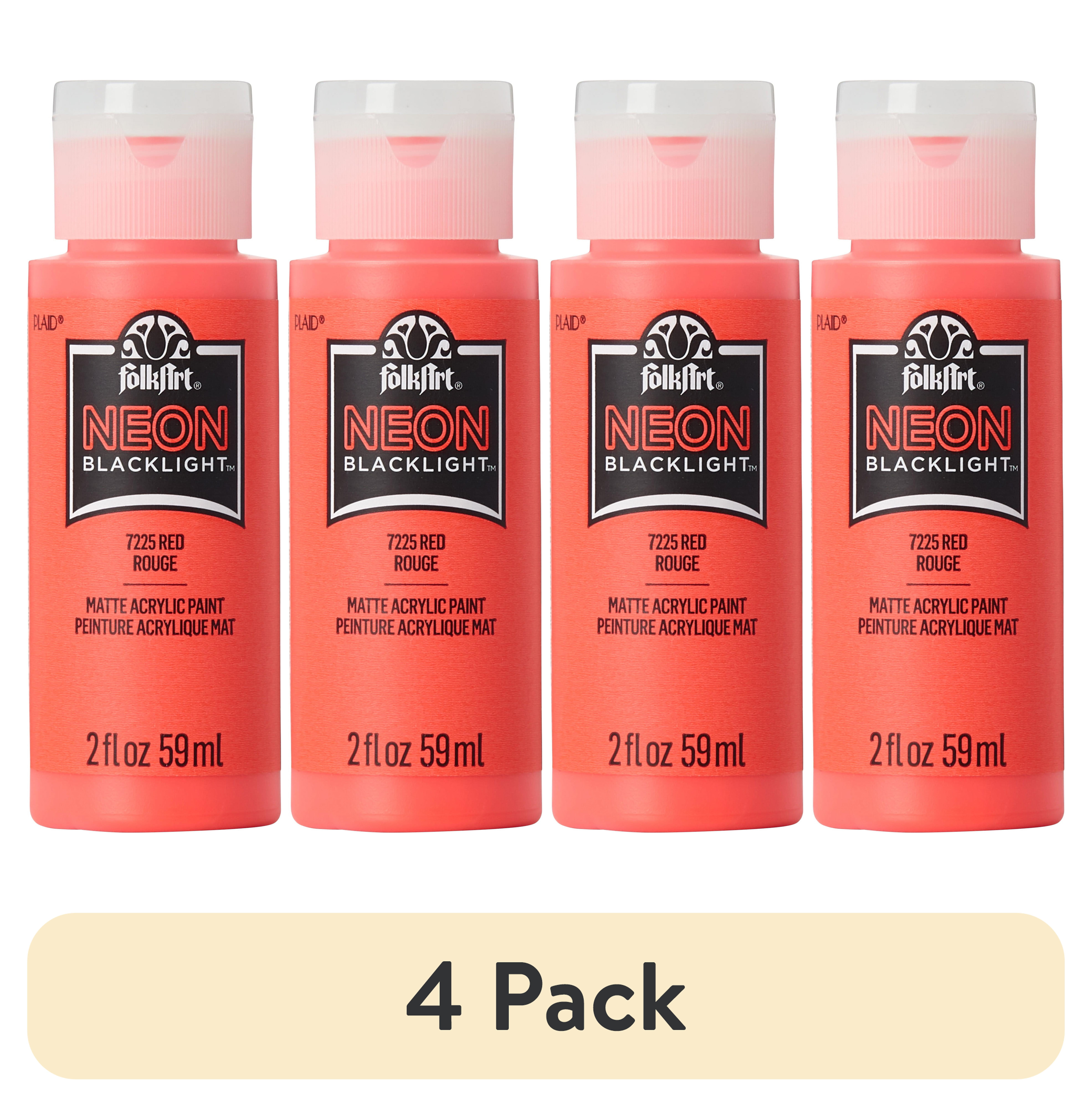 (4 pack) FolkArt Neon Blacklight Acrylic Craft Paint, Matte Finish, Red, 2 fl oz