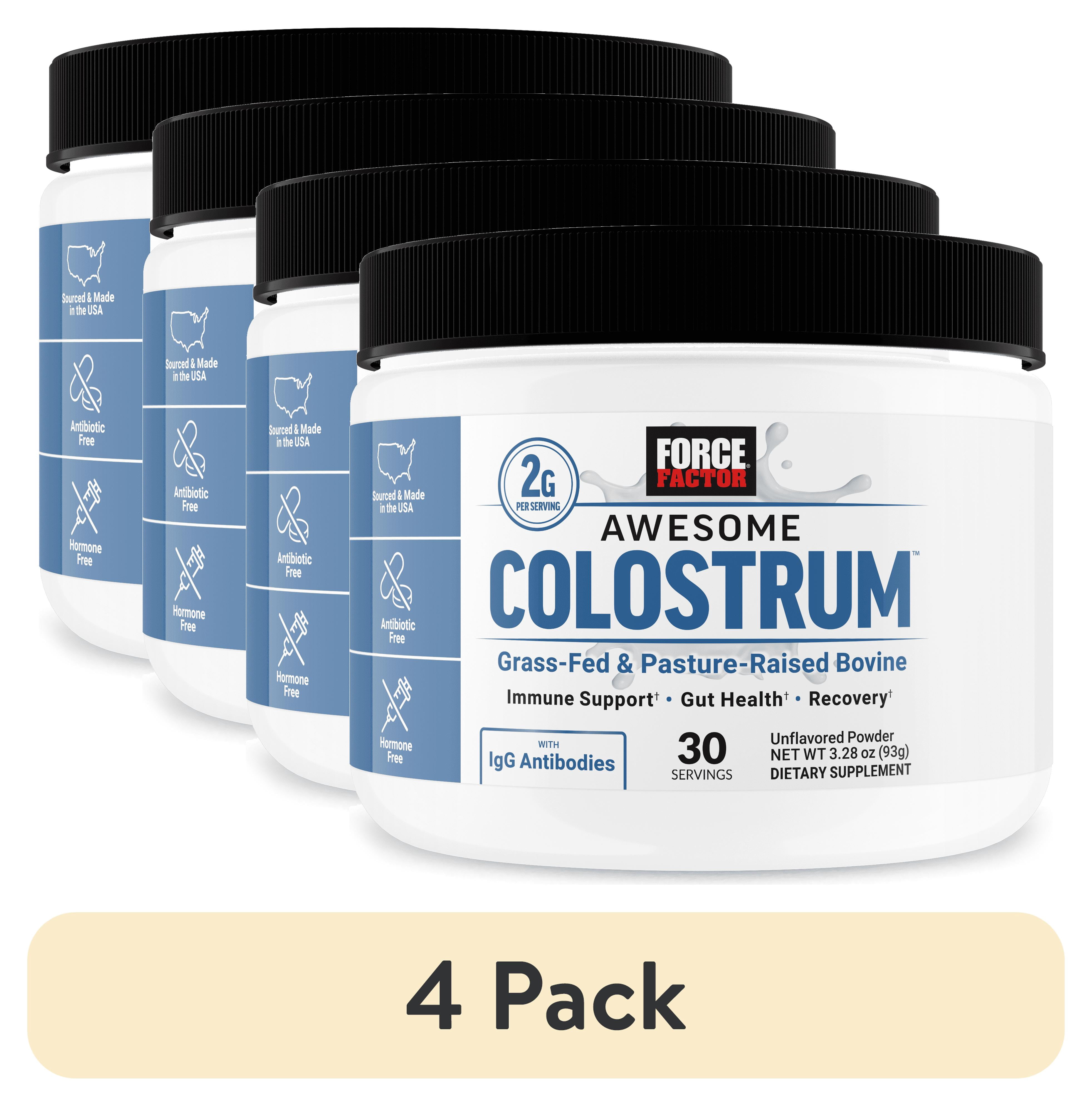 (4 pack) Force Factor Awesome Colostrum, Bovine Colostrum Powder Supplement for Gut Health, Immune Support & Recovery, Grass Fed, Unflavored, 30 Servings