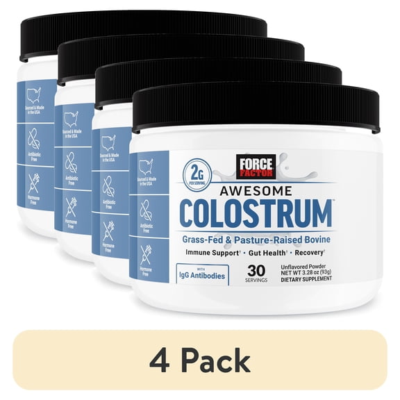 (4 pack) Force Factor Awesome Colostrum, Bovine Colostrum Powder Supplement for Gut Health, Immune Support & Recovery, Grass Fed, Unflavored, 30 Servings