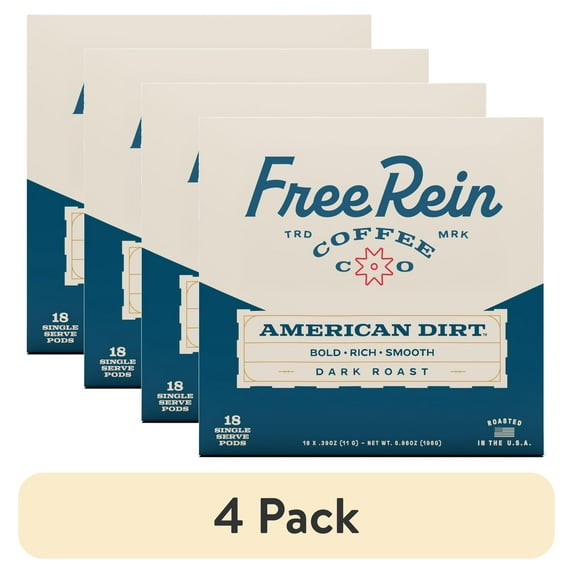 (4 pack) Free Rein Coffee Company, American Dirt Dark Roast Coffee K-Cup Pods, 18 Count Box