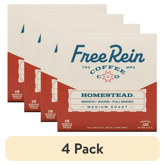 (4 pack) Free Rein Coffee Company Homestead Medium Roast, Coffee Pods, 18ct