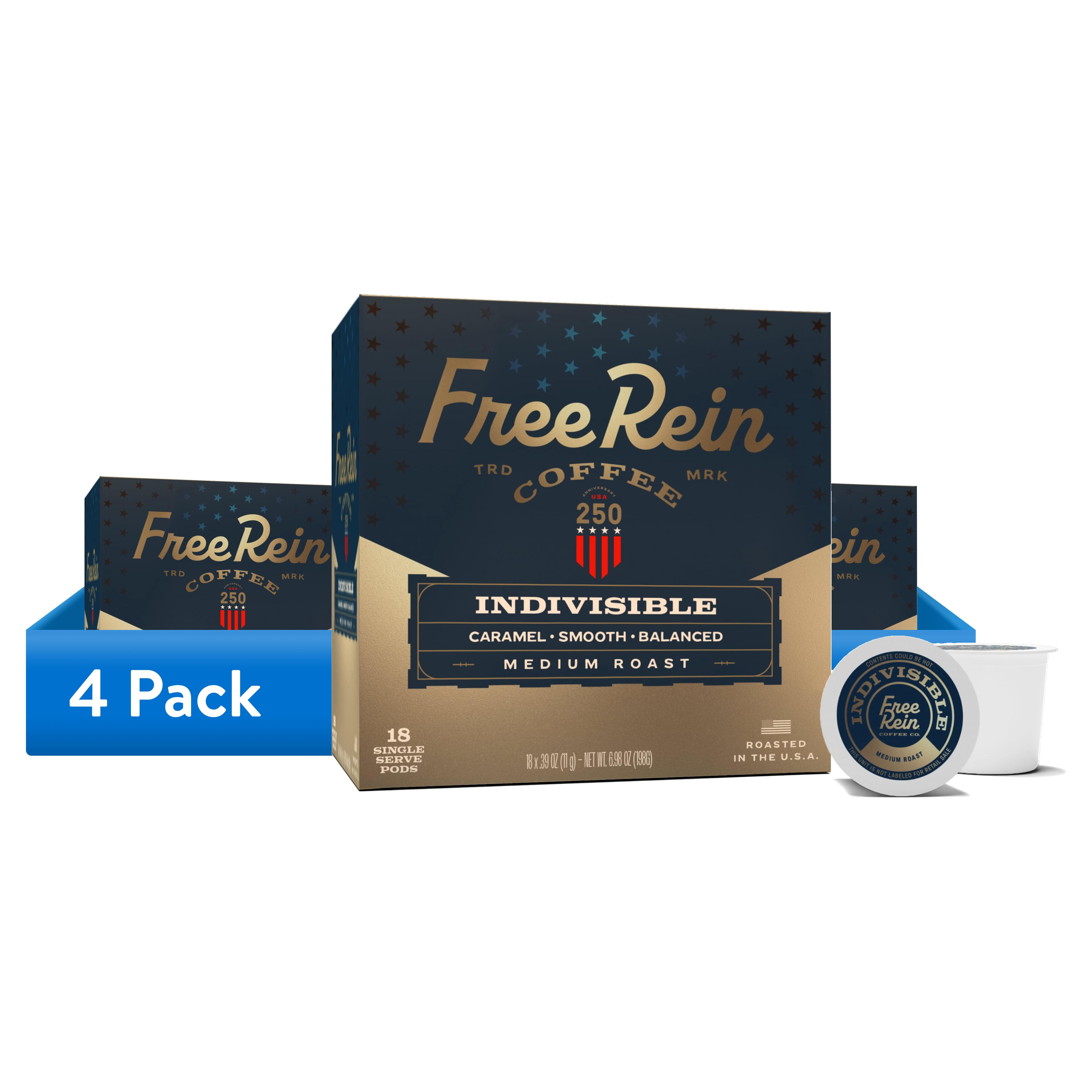 (4 pack) Free Rein Coffee Company Indivisible Medium Roast, Coffee Pods, 18ct