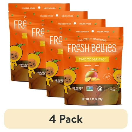 (4 pack) Fresh Bellies Two to Mango & Basil Freeze-Dried Toddler Snack, Resealable Pouch, 0.75 oz, 3 Ingredients, Vegan, Gluten-Free
