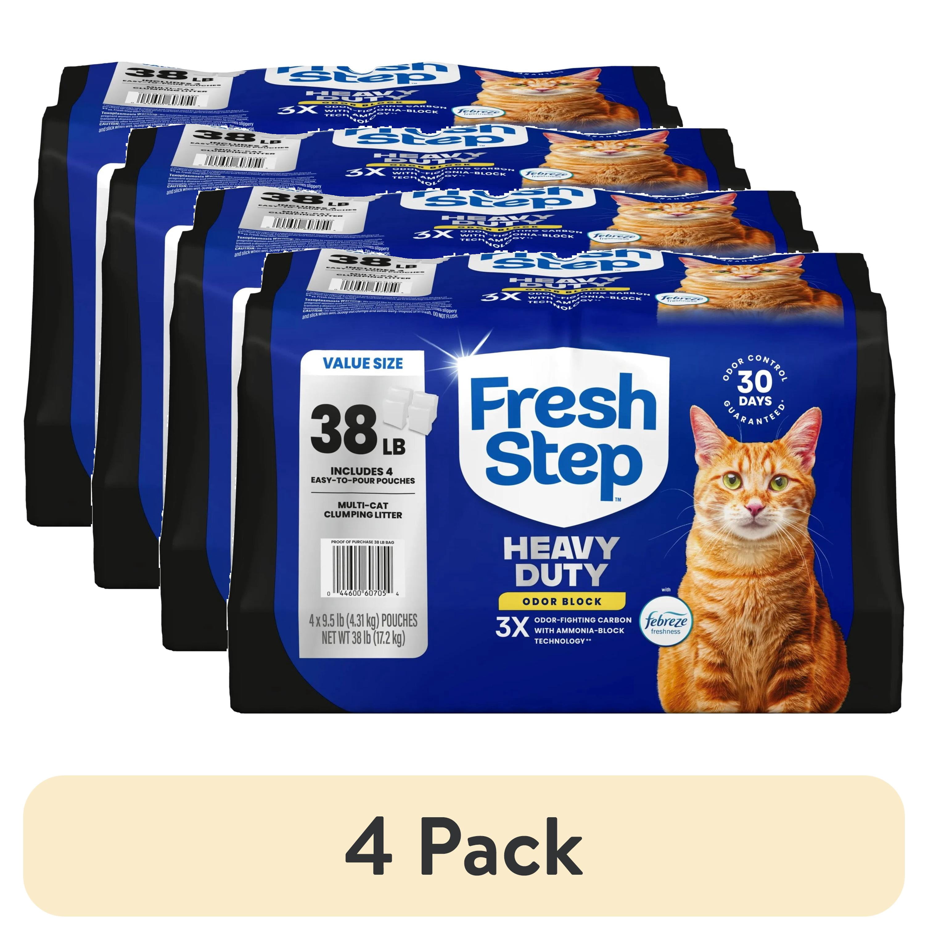 (4 pack) Fresh Step Heavy Duty Odor Block Multi-Cat Clumping Cat Litter, Febreze Freshness Scent, 38 lb, Easy Pour Pouches (4 Pack)