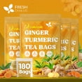 thumbnail image 1 of (4 pack) FreshDrinkUS, Premium 45 Ginger Turmeric Tea Bags, 100% Natural Ingredients, Hand-made Blend of Ginger and Turmeric Herbal Tea, Eco-conscious Tea Bags. No Sugar, No Caffeine, No Gluten, Vegan., 1 of 10
