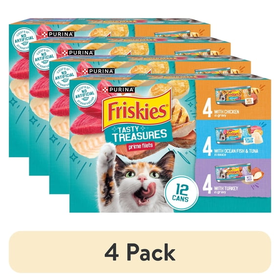 (4 pack) Friskies Gravy Tasty Treasures Prime Filets, Wet Cat Food, 12 Pack, 5.5 oz Cans