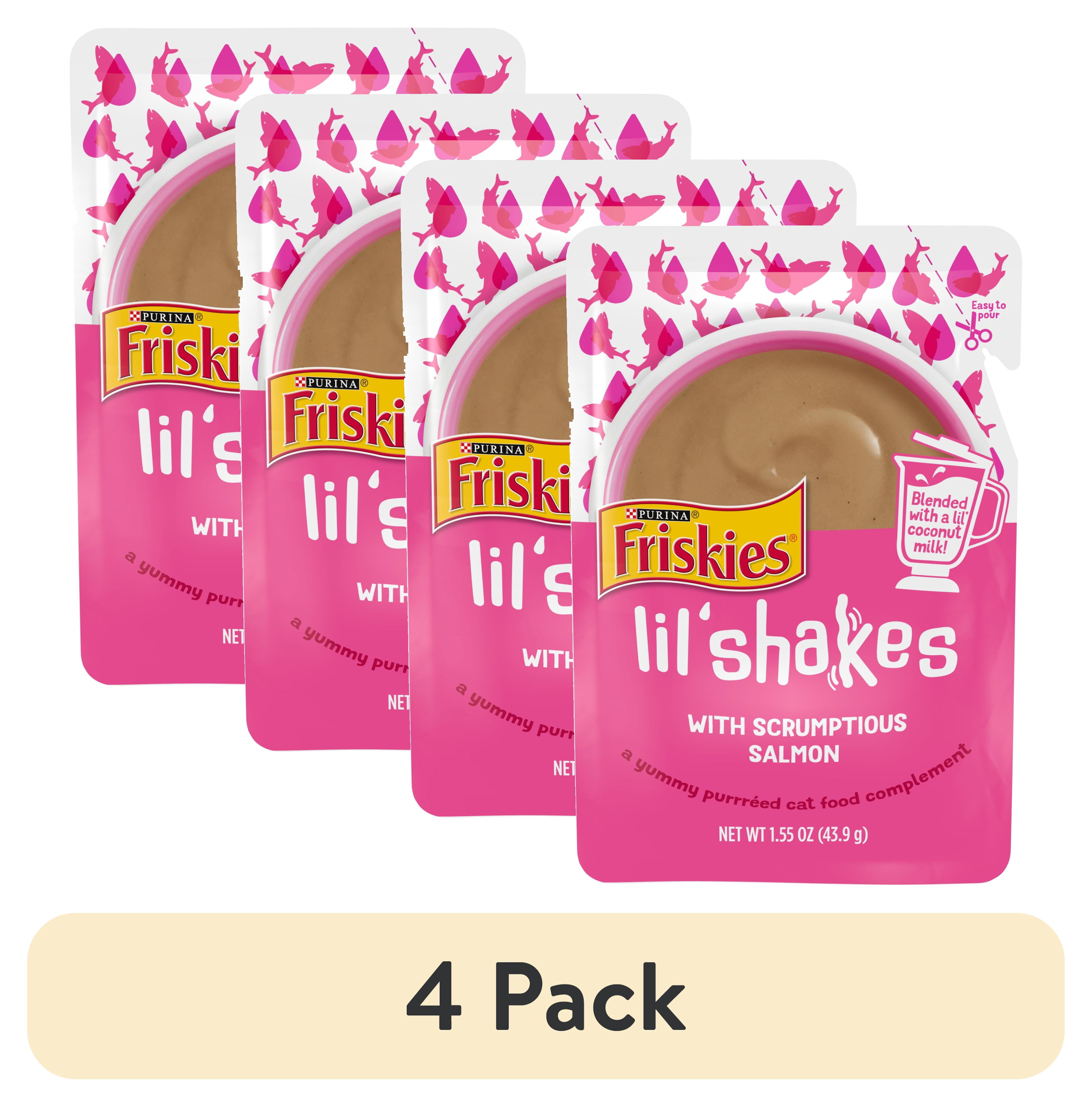 (4 pack) Friskies Lil’ Shakes Salmon Puree, Wet Cat Food Topper, 1.55 oz Pouch