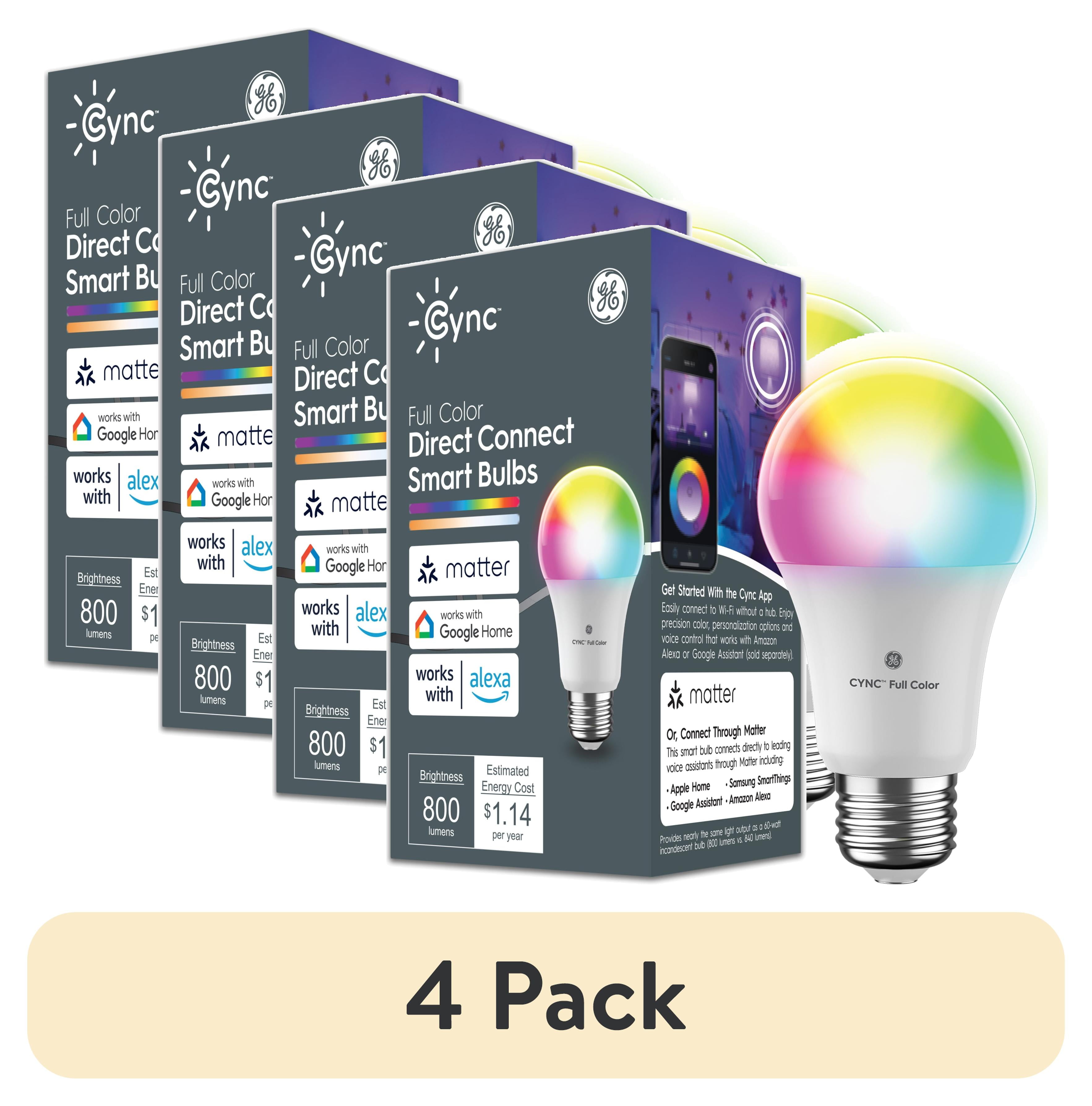 (4 pack) GE Cync A19 Smart LED Light Bulb, Color Changing Indoor Décor Lights, 60 Watts, Medium Base, 1pk