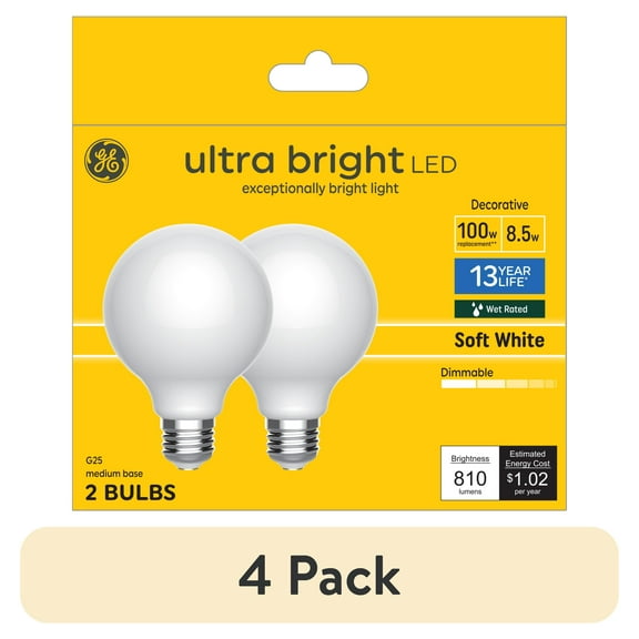 (4 pack) GE G25 Ultra Bright LED Light Bulbs, Soft White, 100 Watts Globe Light Bulbs, 2pk