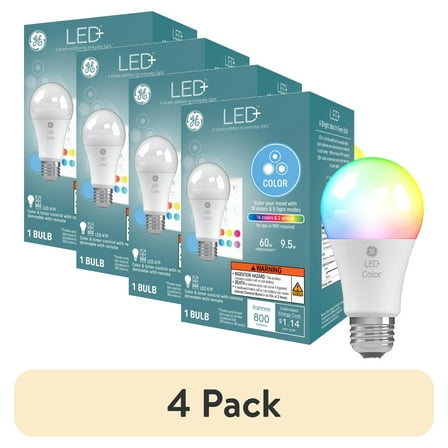 (4 pack) GE LED+ Color Changing LED Light Bulbs, 9.5 Watt, A19 Bulbs, Medium Base