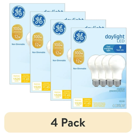 (4 pack) GE LED Light Bulbs, 100 Watt, Daylight, A19 Bulbs, Medium Base, Frosted Finish, 9yr, 4pk