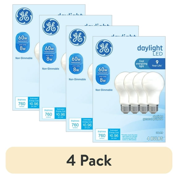 (4 pack) GE LED Light Bulbs, 60 Watt, Daylight, A19 Bulbs, Medium Base, Frosted Finish, 9yr, 4 Pack