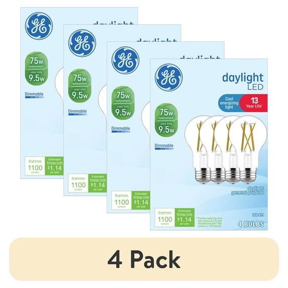 (4 pack) GE LED Light Bulbs, 75 Watt, Daylight, A19 Bulbs, Medium Base, Clear Finish, 13yr, 4pk