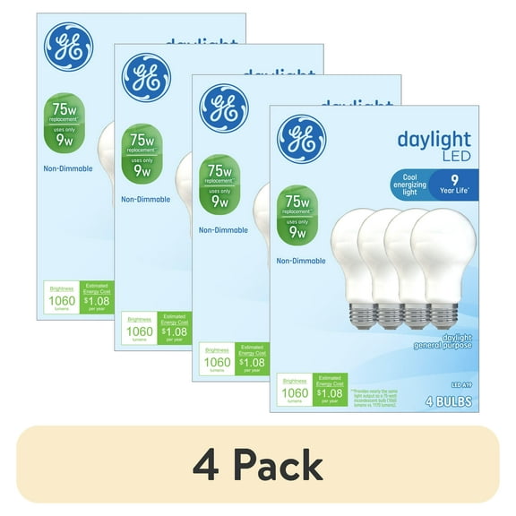 (4 pack) GE LED Light Bulbs, 75 Watt, Daylight, A19 Bulbs, Medium Base, Frosted Finish, 9yr, 4pk