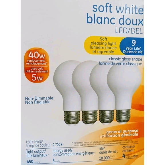 (4 pack) GE Lighting soft white LED A19, 40 watt equivalent, medium base, 450 lumen LED light bulb