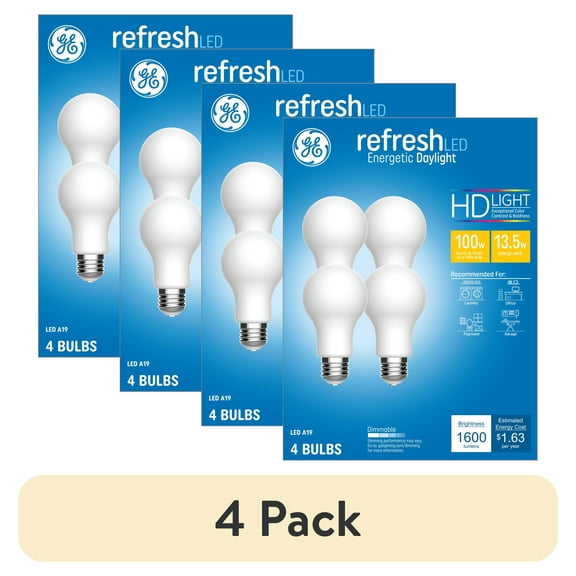 (4 pack) GE Refresh HD LED Light Bulbs, 100 Watt, Daylight, A19 Bulbs, Medium Base, Frosted Finish, 4pk