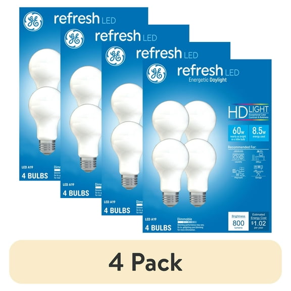 (4 pack) GE Refresh HD LED Light Bulbs, 60 Watt, Daylight, A19 Bulbs, Medium Base, Frosted Finish, 4pk