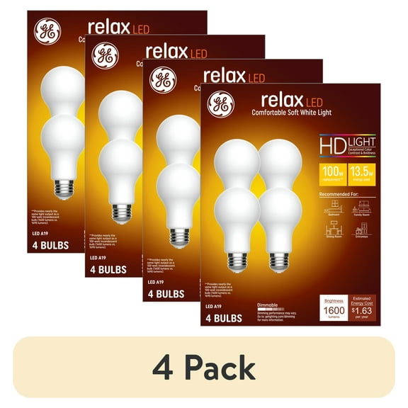 (4 pack) GE Relax HD LED 100 Watt Replacement, Soft White, A19 General Purpose Bulbs (4 Pack)